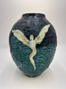 Martin Cushman Art Pottery Vase ANGELS FLEW IN ON THE WINDS: Signed Art Pottery Vase ANGELS FLEW IN ON THE WINDS. Personally signed on bottom Thank you, Martin Cushman. Cushman is a Florida Artist who specializes in faience pottery, a tin glazed earthenware of