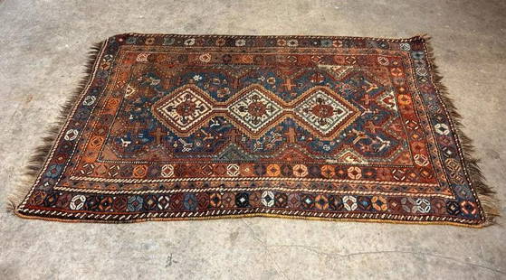 Handmade Estate rug- 1920's Persian Tribal Qashqai Shiraz Scatter: Handmade Estate rug- 1920's Persian Tribal Qashqai Shiraz Scatter. The rug measures 66" length x 43 1/2" depth. Weight: 6 Lbs. Colors: blue, tan. Deep orange & different shades of red. Please refer to