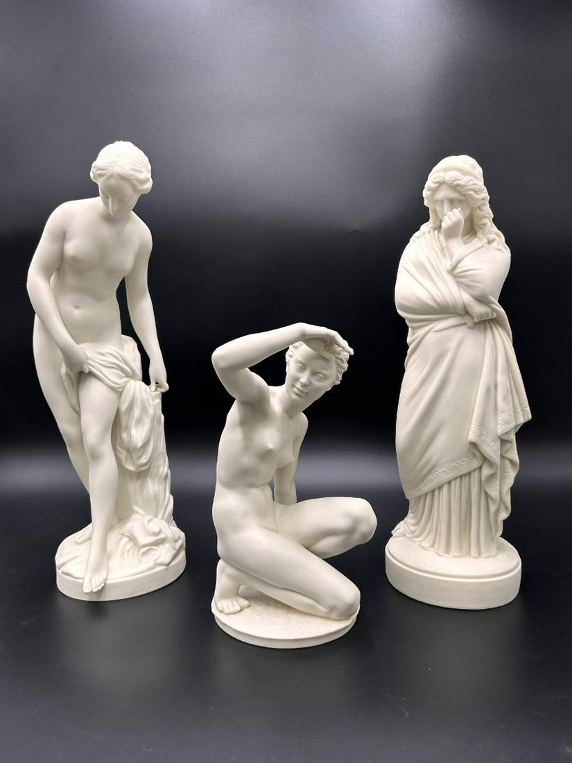 Lot of 3 Parian Ware Women Statues: Lot of 3 Parian Ware Women Statues. The first statue 1765 Falconet "Nymph entering the water" measures 14" tall x 5" depth. The second statue " Nude Female " signed Carl Werner - Hutschenreuther measu