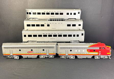 LGB Santa Fe F7 Diesel Locomotive & Streamliner Observation Car: Set of 5 Lehmann Gross Bahn THE BIG TRAIN Santa Fe Diesel Locomotive & Streamliner Observation Car. (1) Santa Fe Diesel Locomotive No.329. (1) Santa Fe F7 Diesel B-Unit Locomotive with sound No.20582.