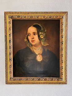 19th Century Victorian Oil on Canvas Portrait  of a Lady with Cameo Necklace: 19th Century Victorian Oil on Canvas Portrait of a Lady with Cameo Necklace. The oil on canvas measures 23" tall x 19" wide. The frame measures 29" tall x 25" wide. The weight is 7 lbs. Artist signatu