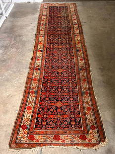 Large Handmade Rug- Runner- Persian Malayer 13 Feet Length: Handmade Rug- Runner- Persian Malayer. The rug measures 159" length x 41" depth. Weight: 23.5 Lbs. Colors: blue, tan. Deep orange & different shades of red. Please refer to all pictures. In good condi