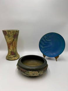 Lot of 3 Art Pottery Pieces Roseville, Weller Style and Studio Pottery: Lot of 3 Art Pottery Pieces Roseville, Weller Style and Studio Pottery. (1). Blue Fern studio pottery bowl. Organic in style blues and greens with fern design is 8.5" diameter and is 2.5" tall. No dam