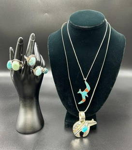 Estate Sterling Turquoise & Stone Jewelry Lot of 5 Rings and 2 Necklaces: Estate Sterling Turquoise & Stone Jewelry Lot of 5 Rings and 2 Necklaces. (1) Signed Tommy Singer Native American Sterling Necklace and Pendant. Sterling Bear 2.5" long x 1.5" tall with Turquoise Ston