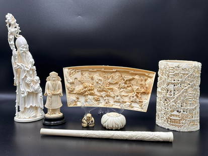 Estate Lot of Japanese Hand Carved Sculptures & Figurines: Estate Lot of Japanese Hand Carved Sculptures & Figurines. (1) Hand carved battle scene plaque measures 5" tall x 11" wide x 7/8" depth. (1) Signed hand carved stick with gathering scene measures 12"
