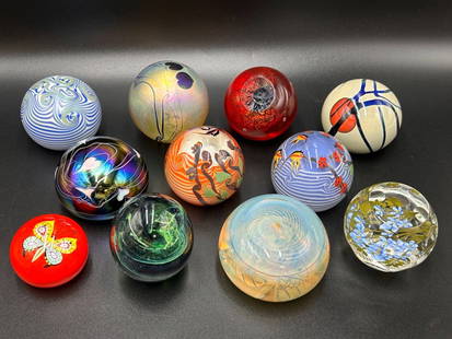 Estate Lot of 11 Art Glass Paperweights, some signed: Estate Lot of 11 Art Glass Paperweights, some signed. Beautiful paperweight collection in assorted shapes and sizes. The smallest 7" in circumference to the largest at 11". Some of the signatures SLAD