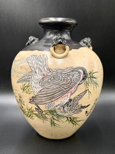 20th Century Japanese Enameled Stoneware Pot: Early 20th Century Japanese Meiji Period Enameled Stoneware Pot. Hand painted bird & flowers. The stoneware pot measures measures 9" tall x 7 1/2" wide. Weight:3 Lbs. 8 oz. Please refer to all picture