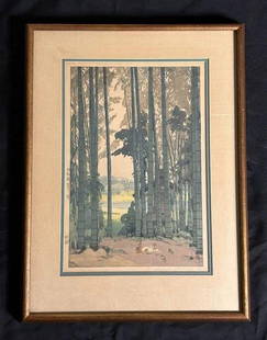 Japanese Woodcut Print "Bamboo Wood" by Hiroshi Yoshida: Japanese Woodcut Print titled "Bamboo Wood" by Hiroshi Yoshida. Beautiful landscape scene with tall bamboo trees & a hen with her chicks. Signed & titled with pencil on the bottom. Maker's mark & Call