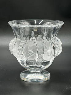 Beautiful Lalique Dampierre Vase: Beautiful Lalique Dampierre Vase. The unique shape of this vase, with its short bowl and wide mouth, lends to its appeal. The alternating sparrows and vines are enhanced by the traditional Lalique sat