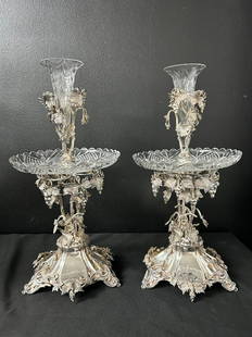 Pair of Art Nouveau Silver Plated Grape Cluster Epergnes: Pair of Art Nouveau Silver Plated Grape Cluster Epergnes. The base is detachable. The epergne, with 3-D grape cluster design measures 16 7/8" tall x 9" wide x 9" depth of the base. The middle glass tr