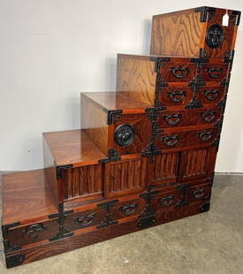 Fine Traditional Iwate Michinoku Japanese Kaidan Step Tansu Cabinet: Traditional Japanese Iwate Michinoku Step Tansu Cabinet. Handcrafted by skilled craftsmen in Japan. These Japanese cabinets feature numerous drawers and interior compartments making them ideal for sto