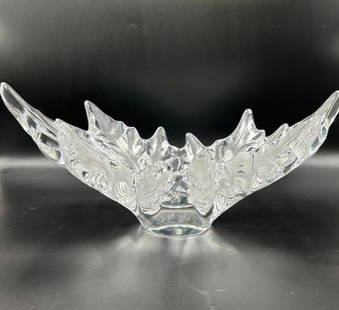 Champs Elysees Leaf Frosted Crystal Centerpiece Bowl by Lalique: Lalique Champs Elysees Frosty crystal bowl. The bottom has the signature of Lalique France. The bowl measures 7 1/2" tall x 18" wide x 10" depth. Weight: 16 Lbs. Please take a look at all the pictures