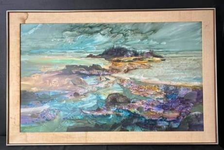 Laurence Sisson Mixed Media Oil and Watercolor on Board Landscape: Laurence Sisson Mixed Media Oil and Watercolor on Board Landscape. Sisson is a painter born in Boston but known for his figural depictions and scenes of the Coast of Maine and the Southwest. This artw