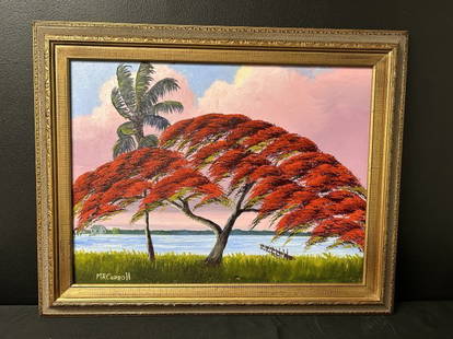 Florida Highwaymen Poinciana Landscape Painting by Mary Ann Carroll (1940-2019): Florida Highwaymen Poinciana Landscape Painting by Mary Ann Carroll (1940-2019). History maker and known as "Queen of the Road" Mary Ann Carroll was the only female of the Original Highwayman group of