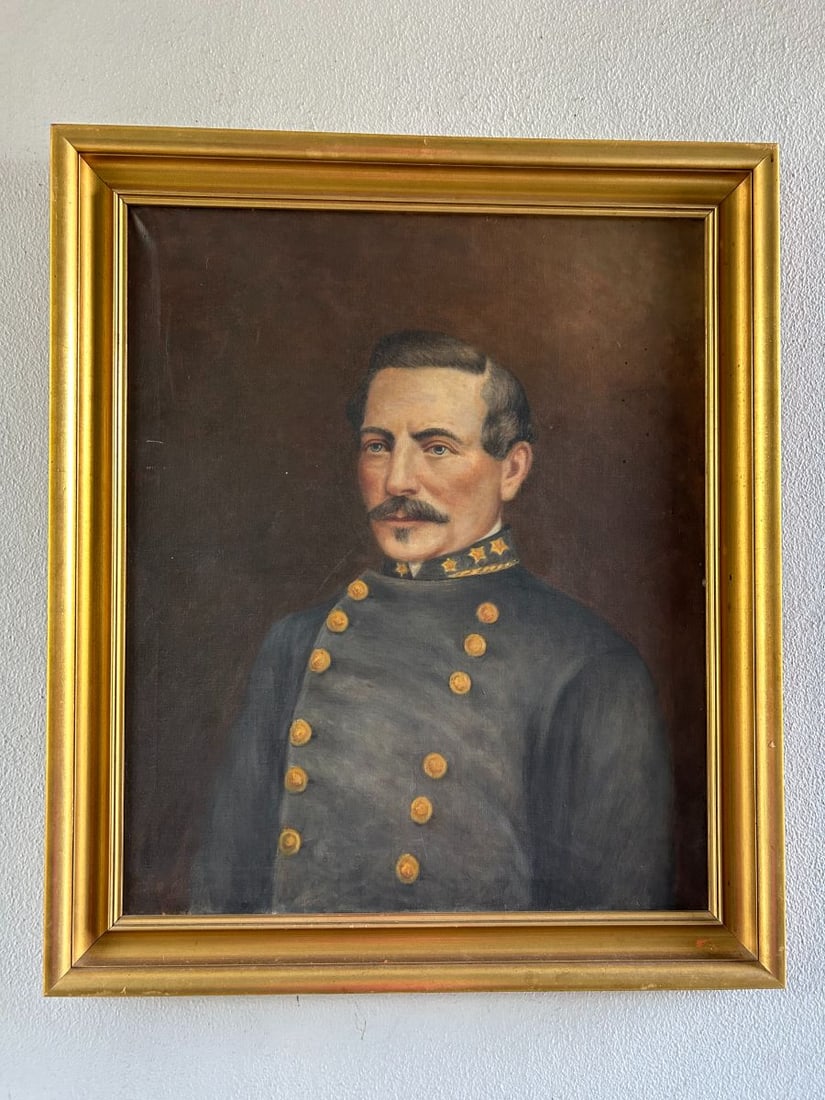 Antique Oil Painting of Military Confederate Officer: Antique Oil Painting of Military Confederate Officer. Painting gentleman in Military Uniform, double breasted buttons up the front and 3 stars at the collar, indicating his rank as Colonel. The work i