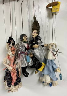 Estate Lot of 4 Czech Republic Scary Marionette Puppets: Estate Lot of 4 Czech Republic Scary Marionette Puppets. (1). Murdered Nun (2). Mother in Law (The Blood Thirsty Phantom) (3). Lacerated Spiritualist/Inconsequential Phantom- with artist signed tag (4