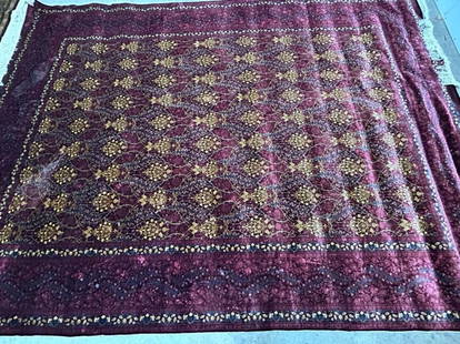 Estate Vintage Turkish 100% Silk Rug 9' x 6.5" Burgundy and Gold: Estate Vintage Turkish 100% Silk Rug 9' x 6.5" Burgundy and Gold. This rug is deep burgundy with gold design in the center. The exact measurements are 79" x 107". Rug would benefit from a professional