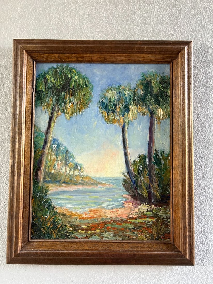 Florida Scene Oil on Board Highwaymen Style  Palm Trees and Water (1 of 9)