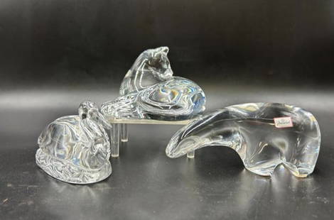Estate Lot of 3 Baccarat Animal Sculptures: Estate Lot of 3 Baccarat Animal Sculptures. 1.) Vintage Baccarat Crystal Polar Bear Figurine 6" long and 3" tall (Baccarat sticker on front, stamp on bottom covered with felt protector). 2). Baccarat