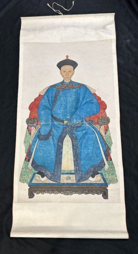 Antique Chinese Scroll Ink and Color on Paper "The Ancestral One": Antique Chinese Scroll Ink and Color on Paper "The Ancestral One". This scroll, believed to be late 1800's or early 1900's is a portrait of a male Ancestor sitting in official Robe of Qing Dynasty. Th