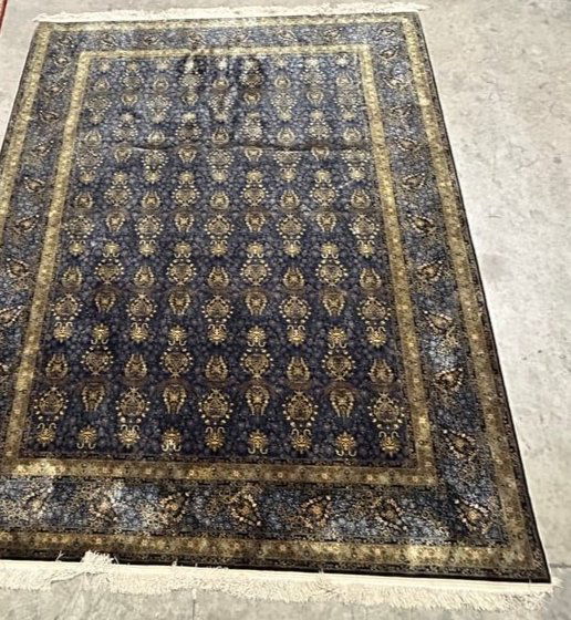 Vintage Estate Turkish 100% Silk Rug in Navy and Gold (1 of 9)