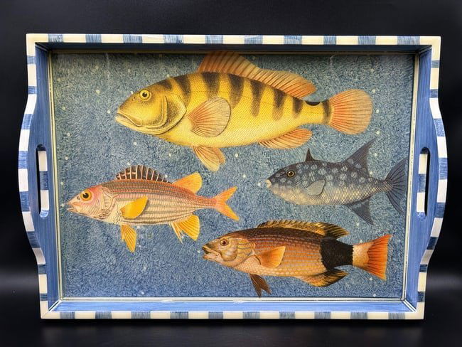 Annie Modica Studio Signed Painted and Decoupage Lacquered Fish Serving Tray (1 of 11)