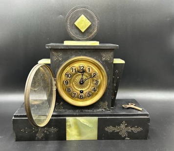Art Deco 1920's /30's Green Marble & Slate Mantel Clock: Art Deco 1920's /30's Green Marble & Slate Mantel Clock. This is black metal with etched and painted décor and green marble type stone clock in style of Art Deco. Graduated heights with a round cir