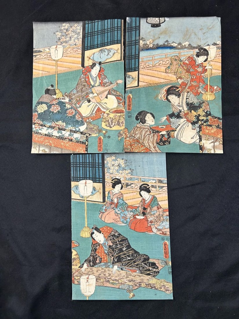Japanese Woodblock Triptych on Paper "Chapter of the Tale of Genji" c 1850 (1 of 19)