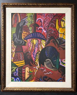 Abstract Oil on Canvas "Witch Doctor" by Sena Senanayake: Abstract Oil on Canvas "Witch Doctor" by Sena Senanayake. This is a vibrant painting by contemporary artist Senaka Senanayake, b. 1951 from Sri Lanka. It is dated 1969 ; Sri Lanka in the bottom left c