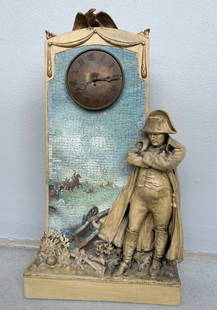 Austrian Art Nouveau Ceramic Napoleon Bonaparte Mantel Clock Signed Couturier: Art Nouveau Ceramic Mantel Clock signed Couturier. This clock features Napoleon Bonaparte standing in front of a brick wall backdrop housing the clock. The artist that designed the clock was Friedrich