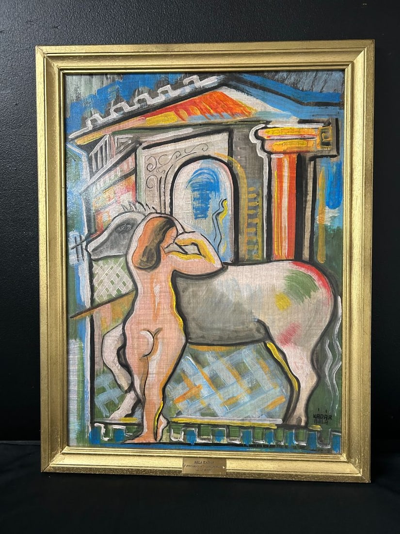 Cubist Bella Kadar Oil on Board Painting: Cubist Bella Kadar Oil on Board Painting. Bella Kadar (1877-1956) was a Hungarian painter influenced by Cubism, Futurism, Neo-Primitivism, Constructivism, and Metaphysical painting. This is vibrant pa