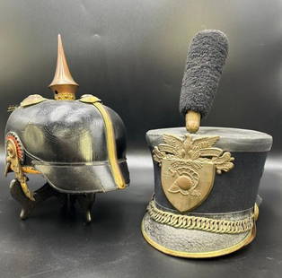 Early 19th and 20th Century Military Helmets: Early 19th and 20th Century Military Helmets 1). WWI German Prussian Pickelhaube Helmet. Imperial officer spiked helmet. The helmet is made of leather and brass. Shows sign of age and wear: Strap is b