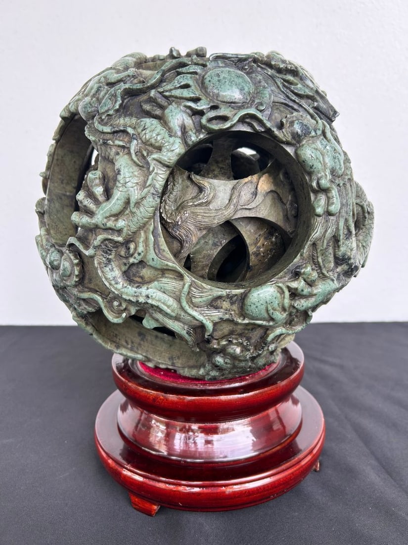 Jade Chinese Carved Puzzle Ball on Rosewood Stand (1 of 14)