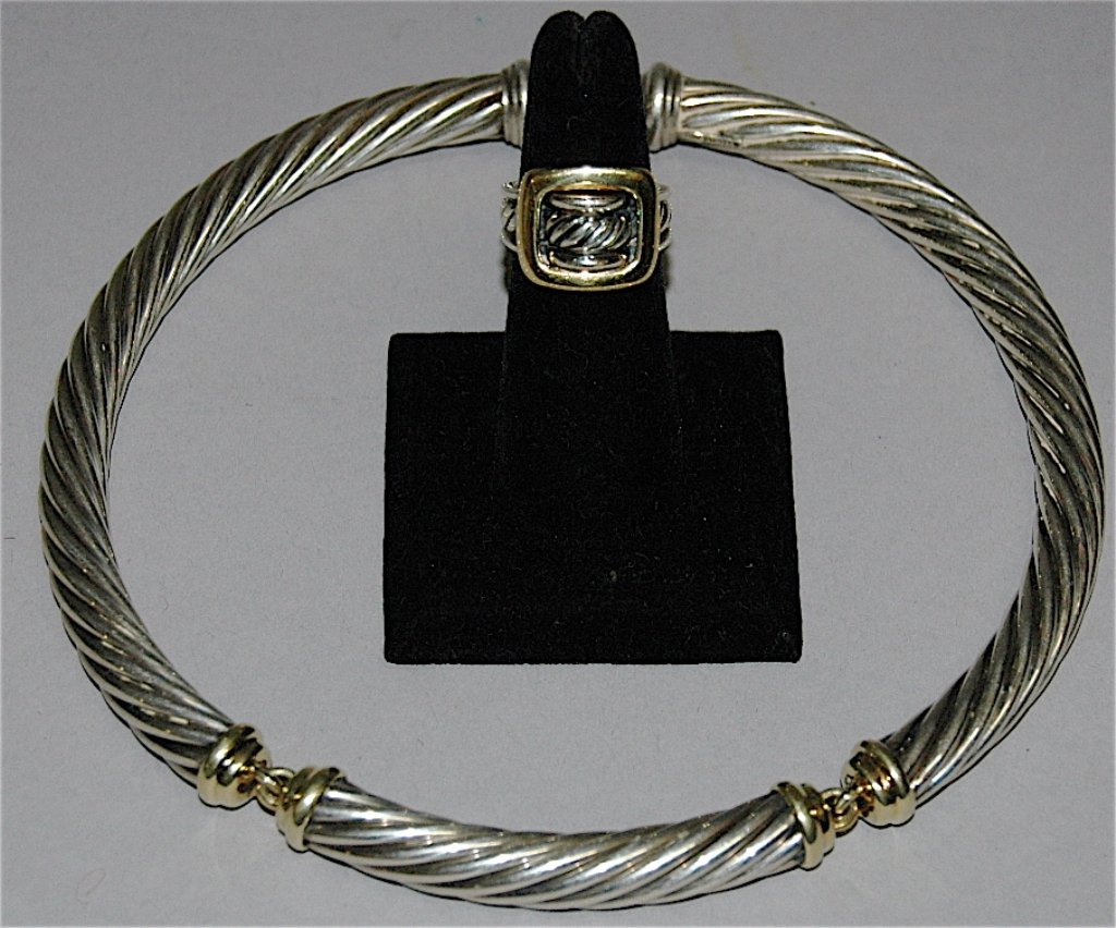 David Yurman Sterling and 18K Necklace and Ring: David Yurman sterling and 18K necklace with matching sterling and 18K gold ring. Stamped signature initials, fine condition.