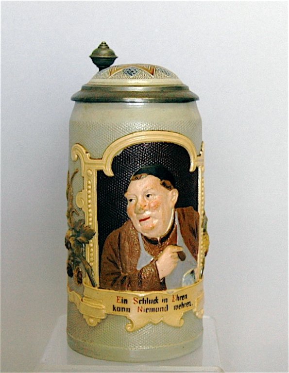 Mettlach Stein # 1757: Mettlach stein # 1757, 1 L., worker profile in apron, skull cap with cigar and mug in hand, Star of David on pewter & pottery lid, good condition.