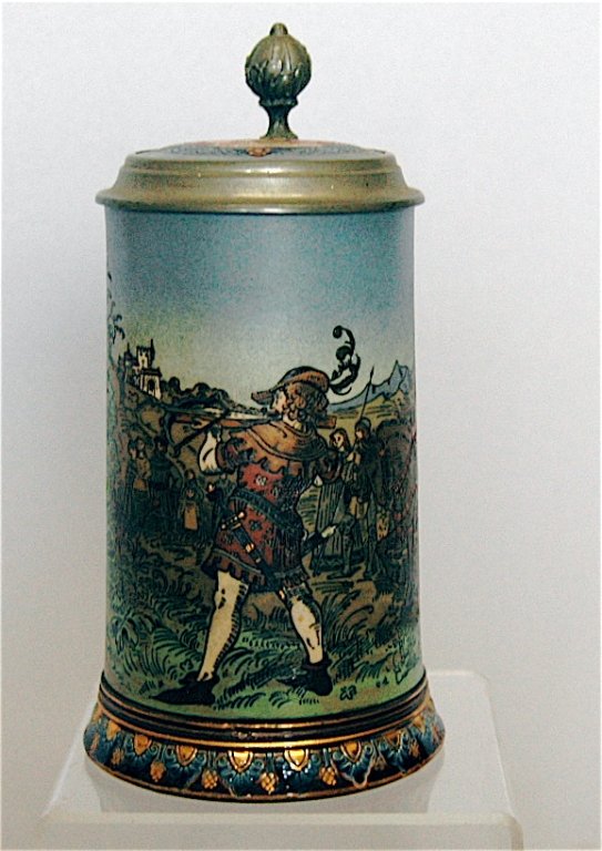 Mettlach Stein # 2082: Mettlach stein # 2082, .5L, William Tell shooting crossbow aiming at son with target on his head, royal person profile lid, good condition.