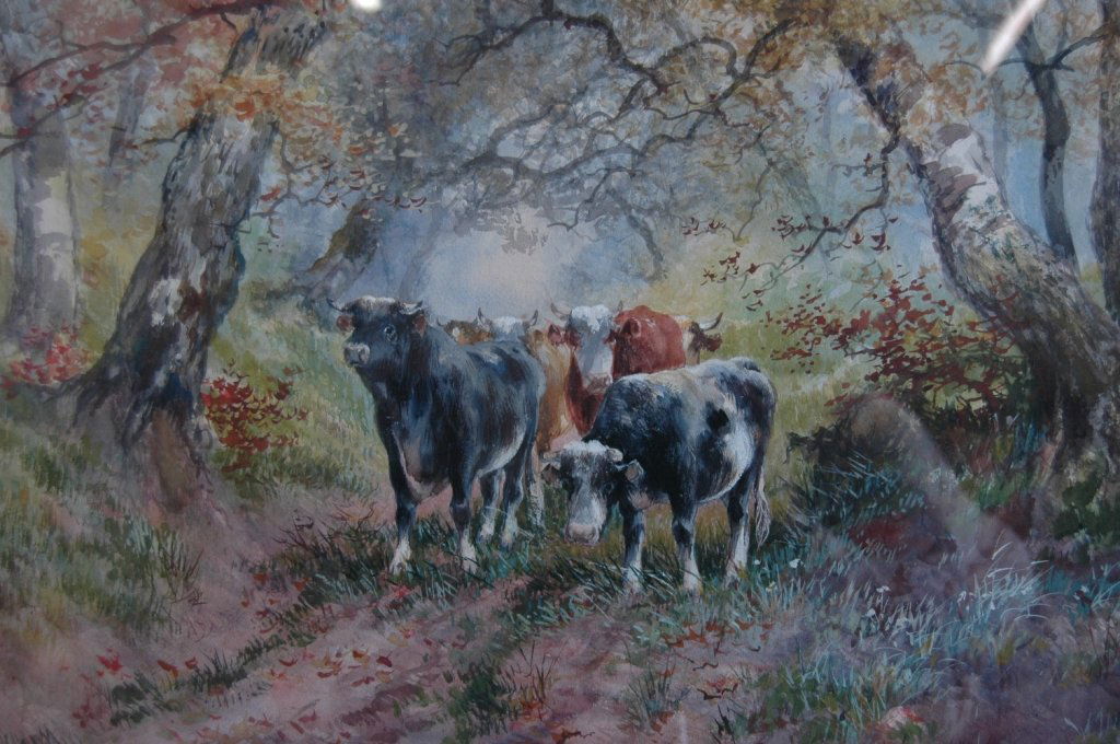 Hugo Melville Fisher, Watercolor: Hugo Melville Fisher, watercolor on board, scene depicting cows on trail through woods, 30 x 22 image, in great period gold leaf and gesso frame, very good condition. Hugo is the son of Harrison Fishe