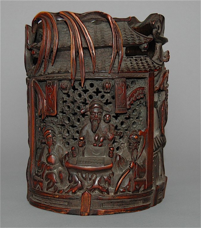 Chinese Bamboo Brush Pot: Chinese bamboo brush pot, pierced carved details, super patina, calligraphy on backside dating to late 18th century, 8" h, 6" dia.