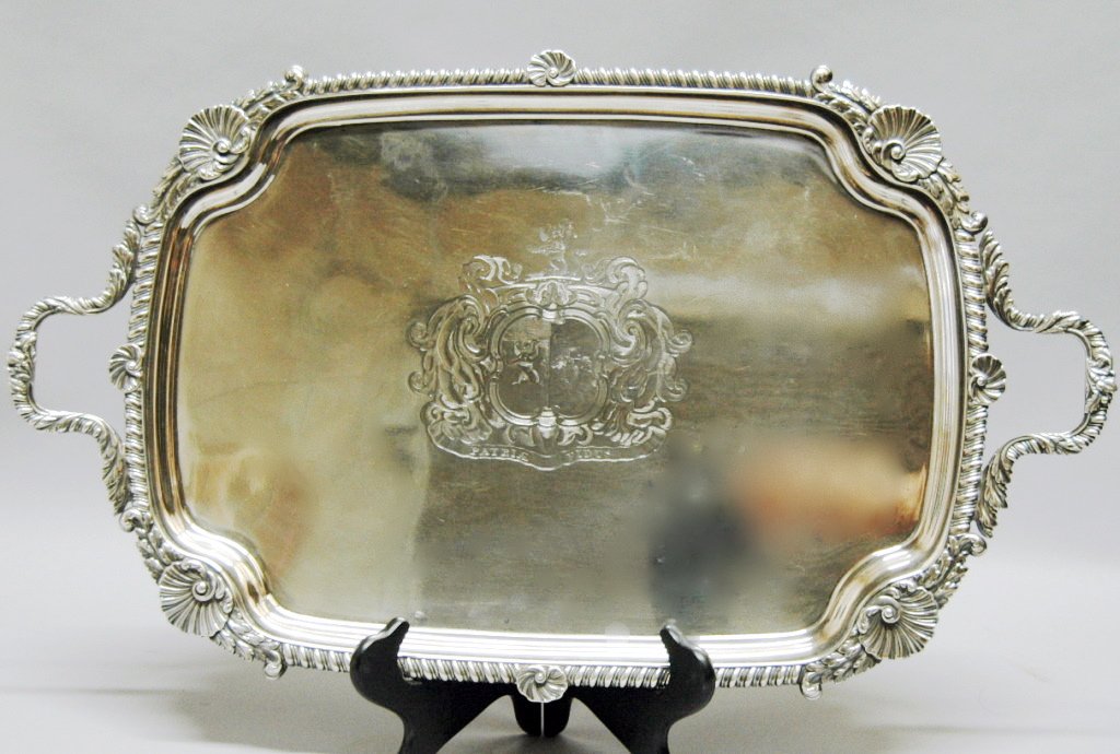 English Sterling Tray by William Burwash: George III sterling tray, shell border with engraved crest "Patriae Fidus", by William Burwash, c 1806-1815, hallmarks "U" and with WB in script. 25.5 x 15.5, 121 ozt.