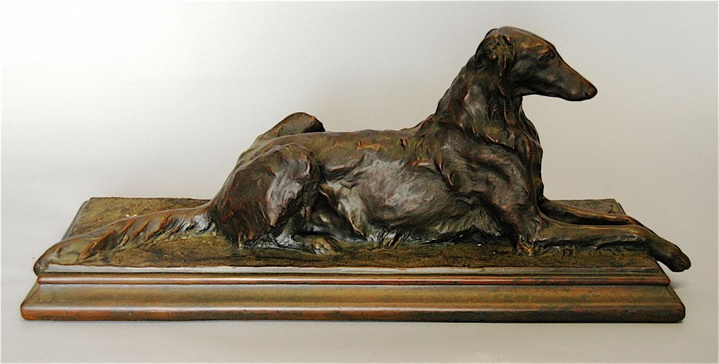 Jacques Merculiana Bronze Clad Sculpture of Borzoi: Jacques Merculiana signed, bronze clad over plaster sculpture of borzoi, 22, 8, 9, has foundry seal dated 1911, very good condition.