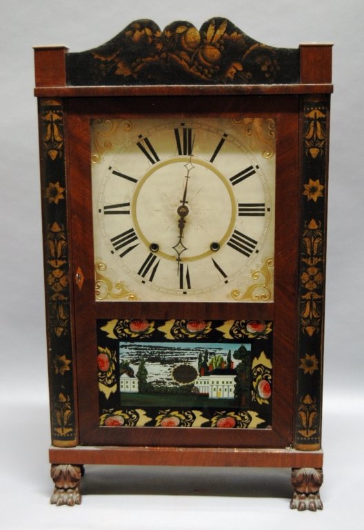 Riley Whiting Shelf Clock c 1815-20: Riley Whiting shelf clock, c 1815-20, wooden works, weight driven, 30 hours, from Winchester & Winsted, CT. 29h, 17w, 6d, reverse painted scene on door. This clock is in extremely good condition.