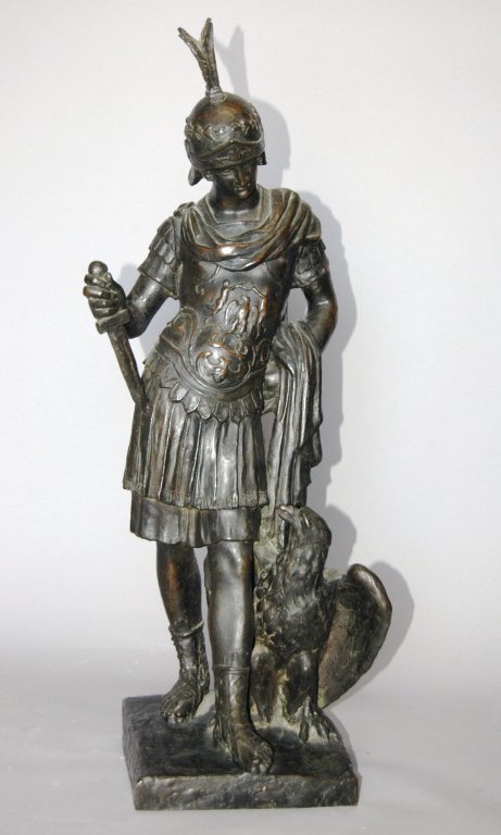 Bronze Roman Soldier Statue: Bronze Roman soldier statue in full armor with eagle at side, 26h, excellent detail and patina, good condition, no visible signature.