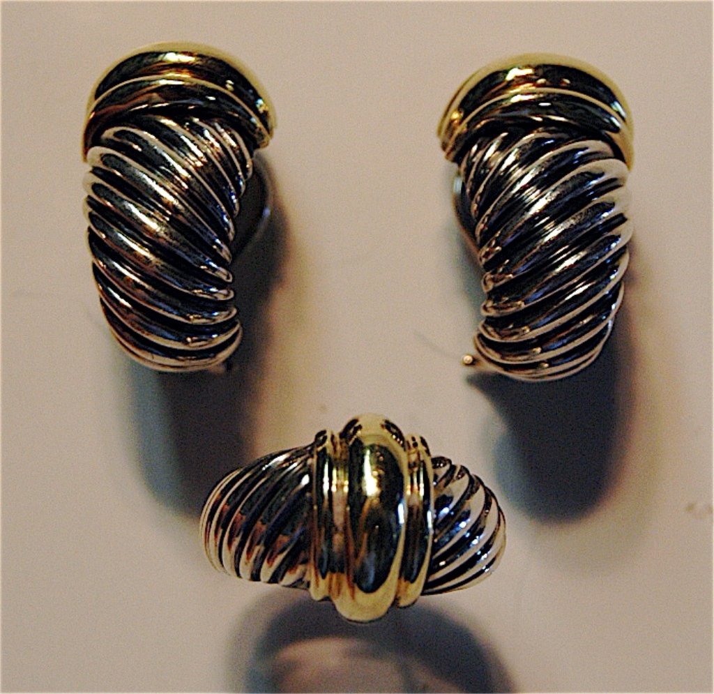 David Yurman Sterling and 18K Earrings & Ring: David Yurman sterling and 18K earrings with matching sterling and 18K gold ring. Stamped initials signature, good condition.