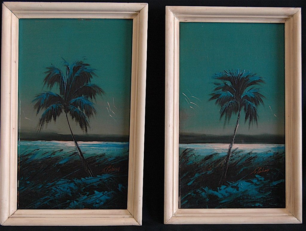 2 James Gibson Highwayman Paintings: 2- James Gibson, Highwayman paintings, oil on upson board, each 12 x 20 dark tropical palm tree and underbrush on back river, original frames.