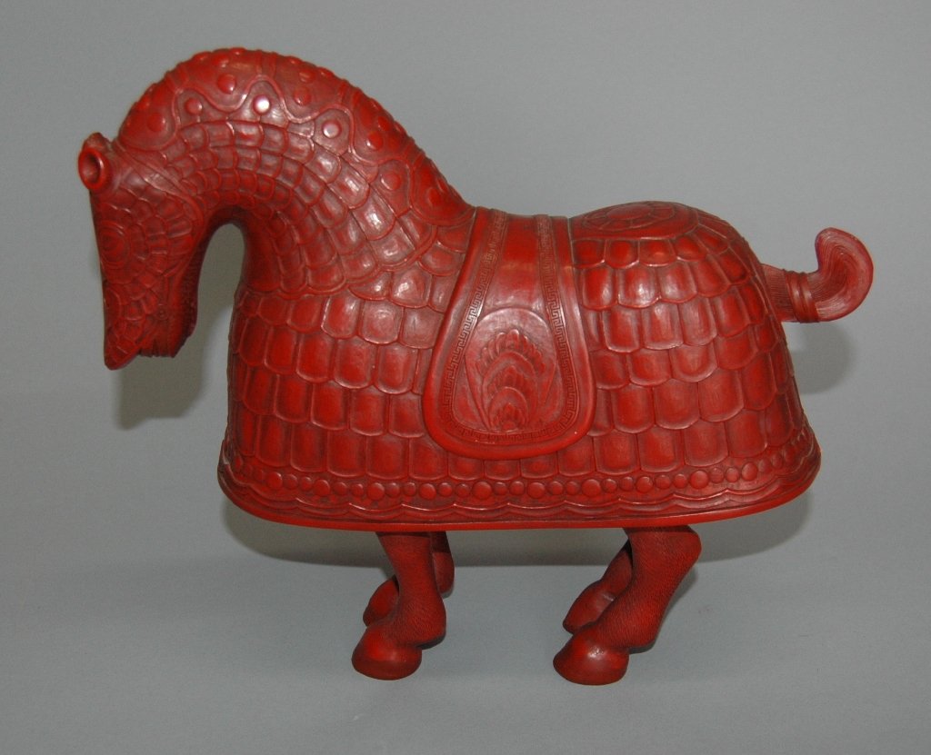 Early Chinese Cinnabar Horse: Early Chinese cinnabar horse with full body armor and saddle, 10" h, 12" L, very good condition.
