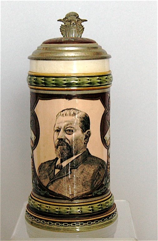 Mettlach Stein # 1997: Mettlach stein # 1997, .5L, gentleman's portrait, great under-glaze etching and color around framed man, Star of David and initials on lid, good condition.