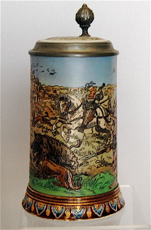 Mettlach Stein # 2083: Mettlach stein # 2083, .5L, Boar hunt scene, sacred deer lid, great condition.