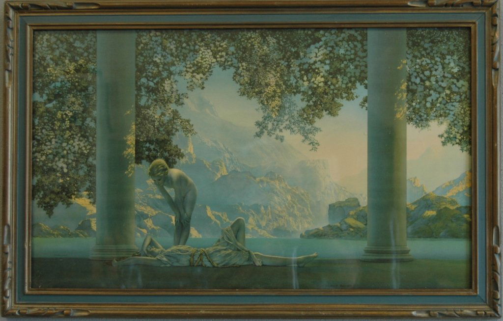 Large Maxfield Parrish Daybreak: Large Maxfield Parrish "Daybreak" print in original frame, 22 x 34, signed and by the House of Art N. Y., good condition.