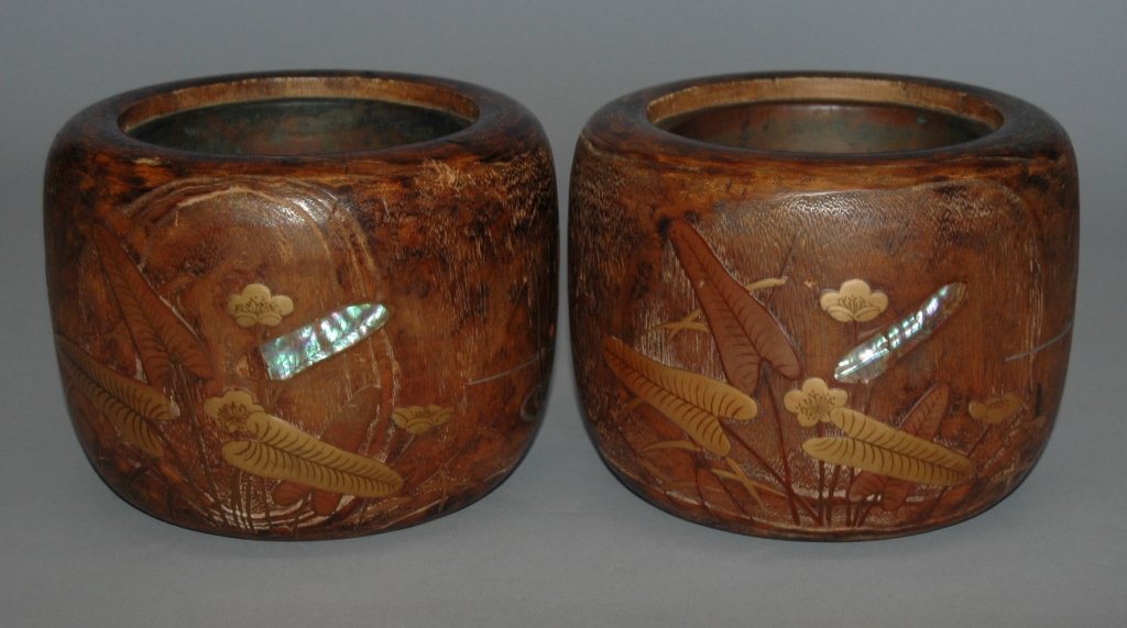 Pair of Chinese Wooden Storage Pots: Pair of Chinese carved wooden storage pots, inlaid with copper, brass, MOP and silver of leaves, water, birds. We think missing lids but original copper liners, 6h, 7.5d, ink mark, c 1900, good patina