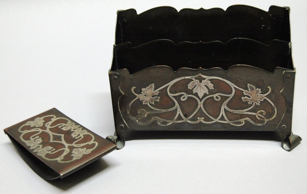 Buffalo Metal Works Co. Sterling and Bronze: 2 pieces by Buffalo Metal Works Company, (pre-Heintz): letter holder and ink blotter, bronze with sterling overlay grape leaf decoration. Blotter unmarked, letter holder block stamped, "Compliments of